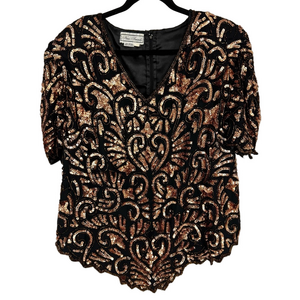 Adrianna Papell Black Gold Sequin Blouse Top Women’s XL Vintage 80s